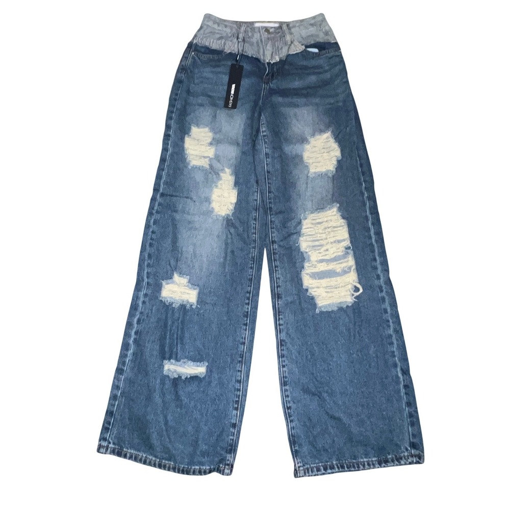 Fashion Nova Two Tone Double Waistband Distressed Wide Leg Jeans Medium Wash 3 - Picture 7 of 11